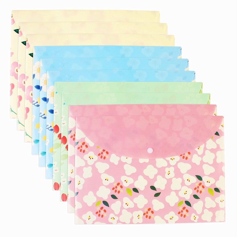 Tongcloud 10 pcs Style Floral Printed A4 Paper Document File Folder Poly Envelopes Document Organizer Booklet File Paper Folders with Snap Button 4 Color (4 Color, A4) - Image 1